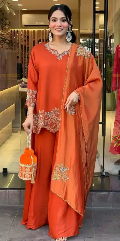 SRK 5234 Orange Color Faux Georgette With Heavy Embroidery Sequence Work Salwar Suit , Wedding, Party, Festive, Events Etc.4-6 Working Days@ 1999/-only | Casual Suits, Jump Suits, Salwar suit, Creative suits, Designer Suits, Palazzo Suits, Party Wear Suits, Patiala Suits, Straight Suits