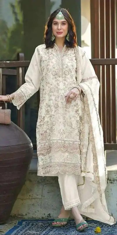 FC 1129 White Color Organza With Embroidery Sequence Work Salwar Suit Casual, Wedding, Party, Festive, Events Etc.4-6 Working Days@ 2449/-only | Casual Suits, Jump Suits, Salwar suit, Creative suits, Designer Suits, Palazzo Suits, Party Wear Suits, Patiala Suits, Straight Suits