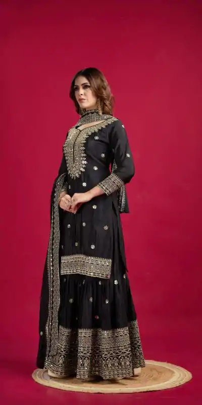 NSR-800 Black Color Chinnon Silk With Embroidery Work Sharara Suit Wedding, Party, Festive, Events Etc.  Expected Delivery 4-6 Working Days @2149/- | Casual Suits, Jump Suits, Salwar suit, Creative suits, Designer Suits, Palazzo Suits, Party Wear Suits, Patiala Suits, Straight Suits
