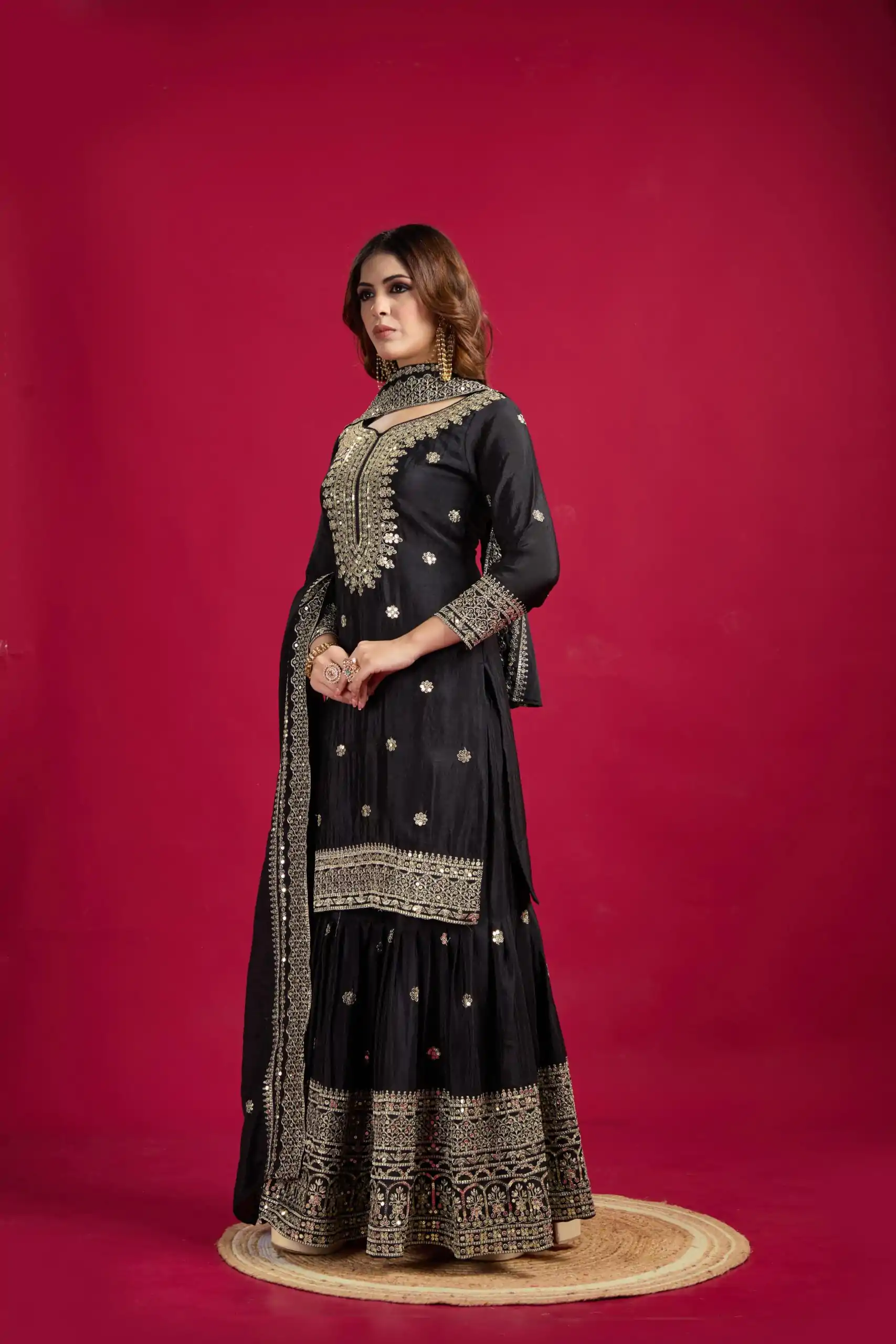 NSR-800 Black Color Chinnon Silk With Embroidery Work Sharara Suit Wedding, Party, Festive, Events Etc.  Expected Delivery 4-6 Working Days @2149/- | Casual Suits, Jump Suits, Salwar suit, Creative suits, Designer Suits, Palazzo Suits, Party Wear Suits, Patiala Suits, Straight Suits