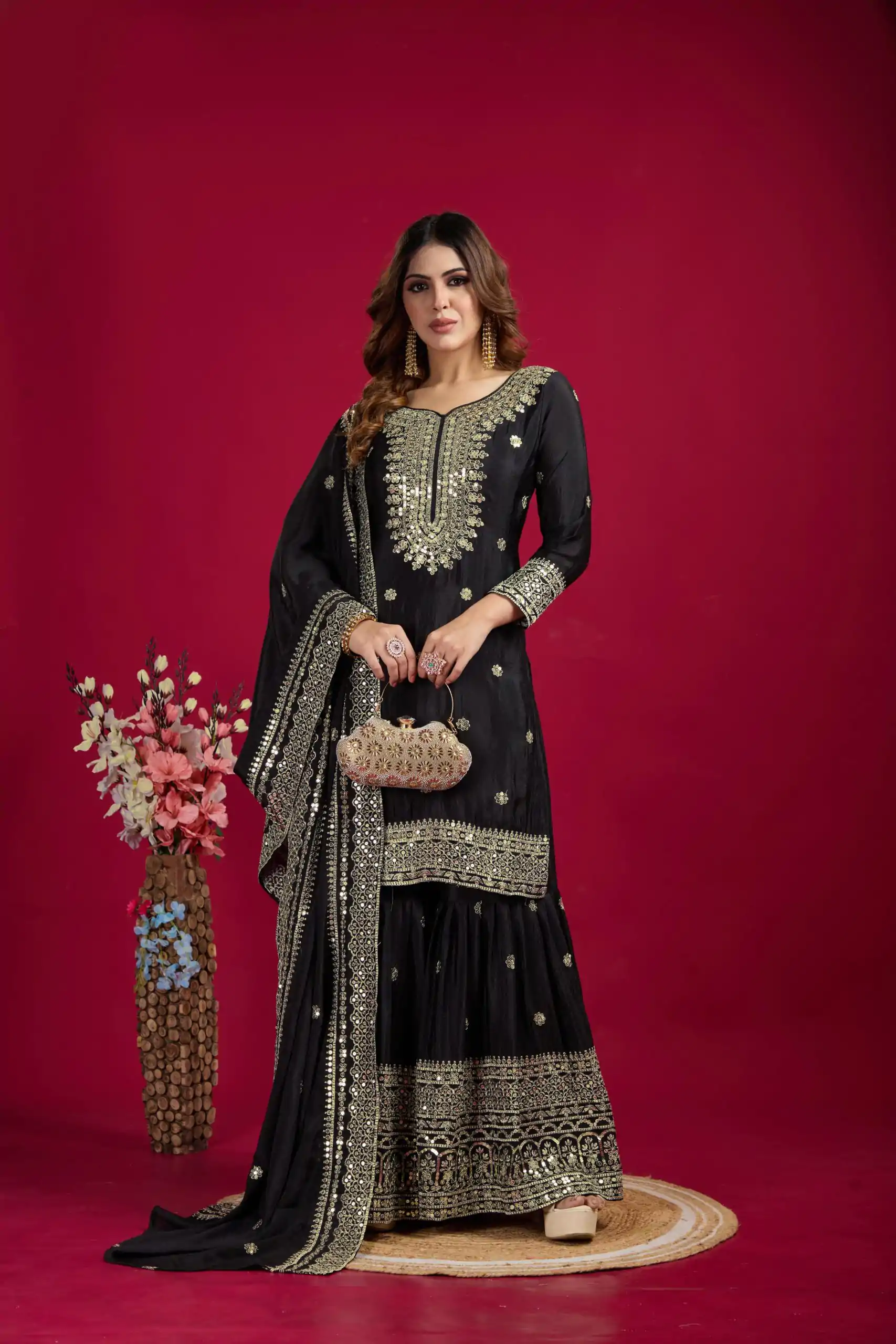NSR-800 Black Color Chinnon Silk With Embroidery Work Sharara Suit Wedding, Party, Festive, Events Etc.  Expected Delivery 4-6 Working Days @2149/- | Casual Suits, Jump Suits, Salwar suit, Creative suits, Designer Suits, Palazzo Suits, Party Wear Suits, Patiala Suits, Straight Suits