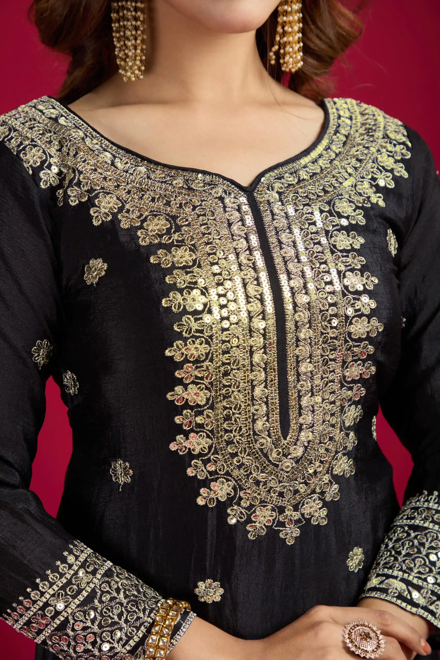 NSR-800 Black Color Chinnon Silk With Embroidery Work Sharara Suit Wedding, Party, Festive, Events Etc.  Expected Delivery 4-6 Working Days @2149/- | Casual Suits, Jump Suits, Salwar suit, Creative suits, Designer Suits, Palazzo Suits, Party Wear Suits, Patiala Suits, Straight Suits