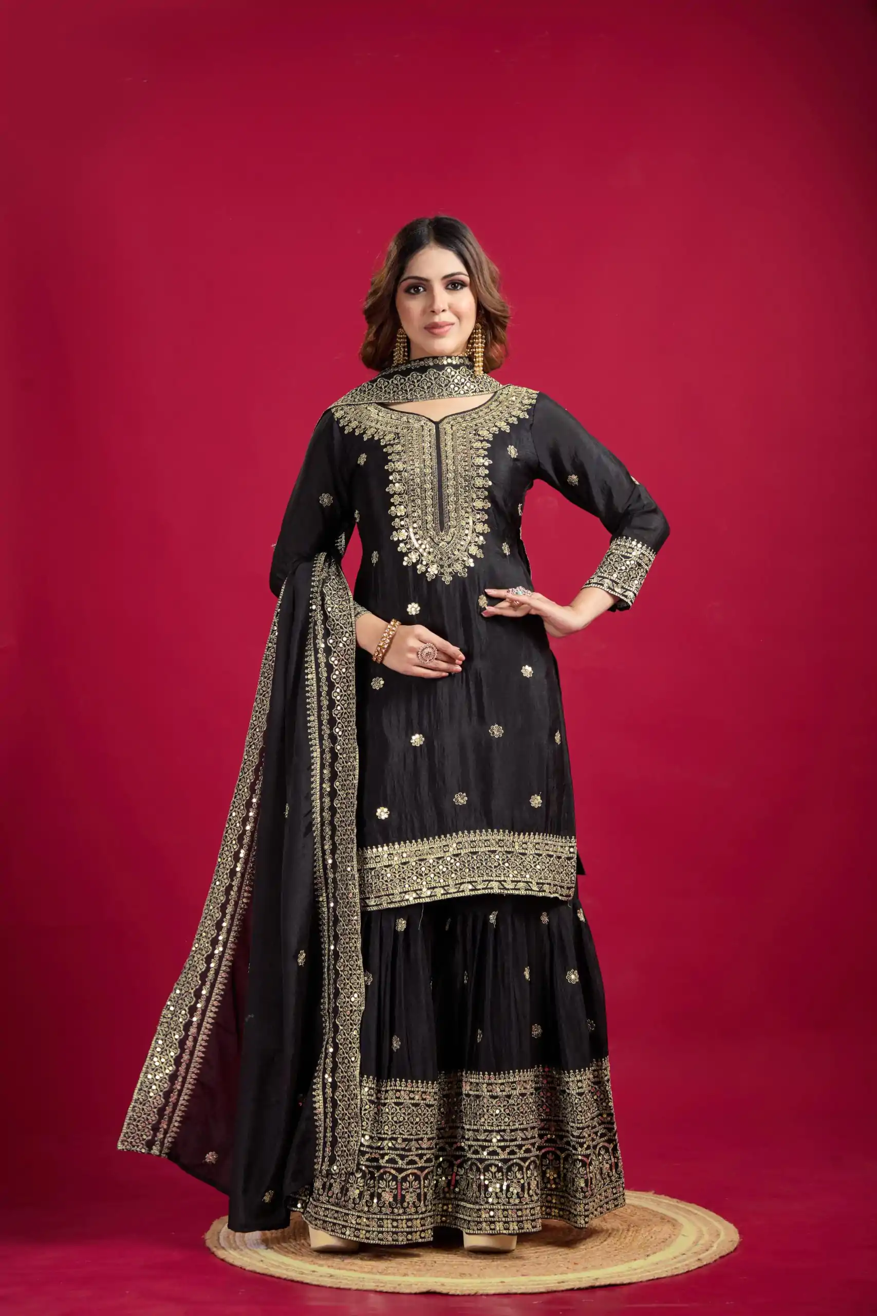 NSR-800 Black Color Chinnon Silk With Embroidery Work Sharara Suit Wedding, Party, Festive, Events Etc.  Expected Delivery 4-6 Working Days @2149/- | Casual Suits, Jump Suits, Salwar suit, Creative suits, Designer Suits, Palazzo Suits, Party Wear Suits, Patiala Suits, Straight Suits