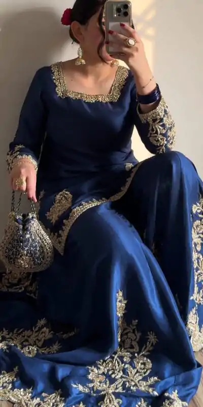 LG 1872 Blue Color Chinnon Silk With Embroidery Work Sharara Suit Wedding, Party, Festive, Events Etc.  Expected Delivery 4-6 Working Days @2049/- | Casual Suits, Jump Suits, Salwar suit, Creative suits, Designer Suits, Palazzo Suits, Party Wear Suits, Patiala Suits, Straight Suits