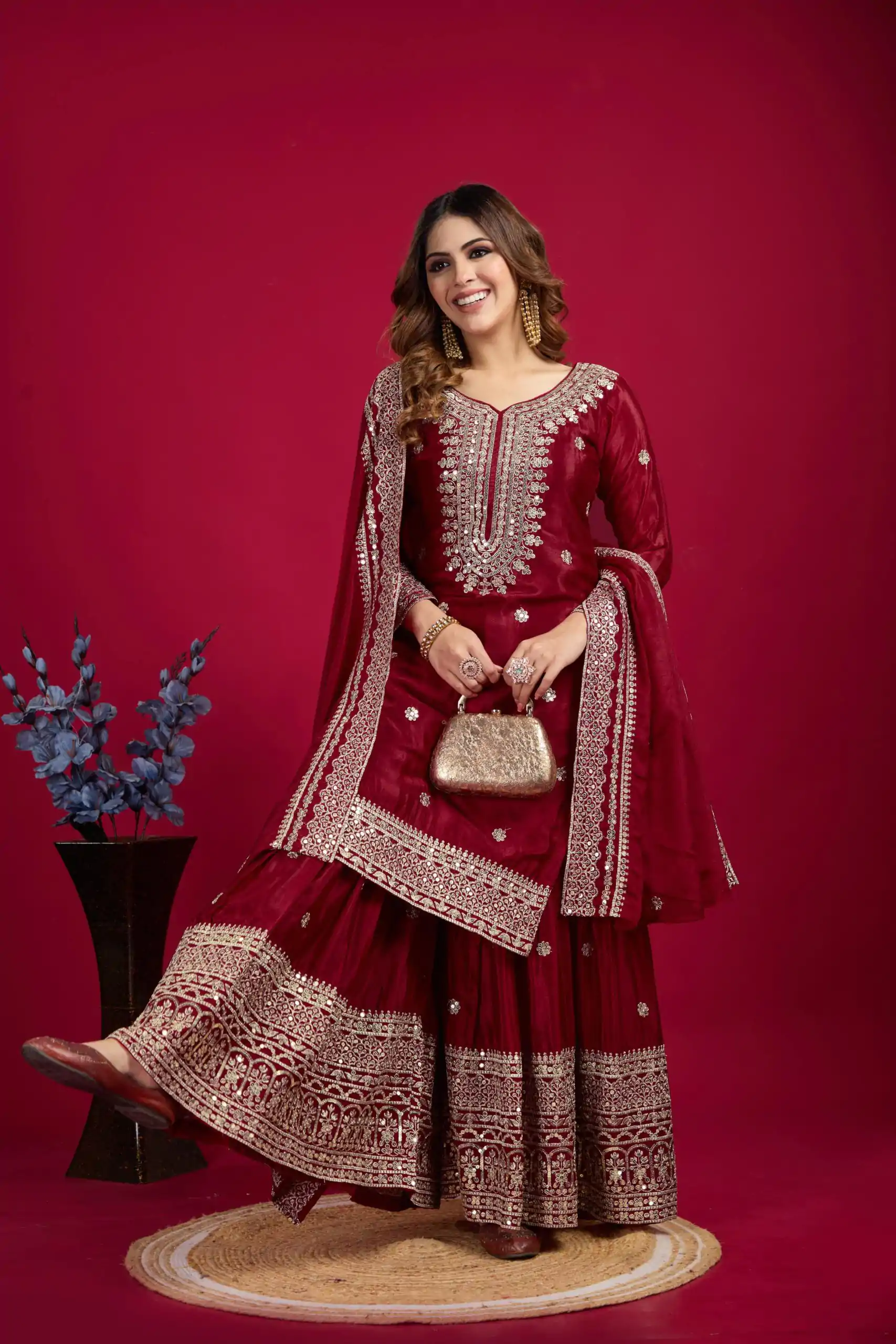 NSR-800 Marron Color Chinnon Silk With Embroidery Work Sharara Suit Wedding, Party, Festive, Events Etc.  Expected Delivery 4-6 Working Days @2149/- | Casual Suits, Jump Suits, Salwar suit, Creative suits, Designer Suits, Palazzo Suits, Party Wear Suits, Patiala Suits, Straight Suits