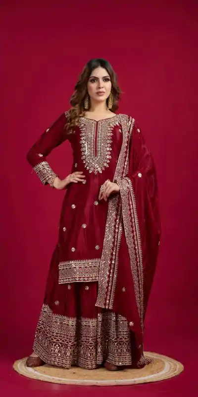 NSR-800 Marron Color Chinnon Silk With Embroidery Work Sharara Suit Wedding, Party, Festive, Events Etc.  Expected Delivery 4-6 Working Days @2149/- | Casual Suits, Jump Suits, Salwar suit, Creative suits, Designer Suits, Palazzo Suits, Party Wear Suits, Patiala Suits, Straight Suits