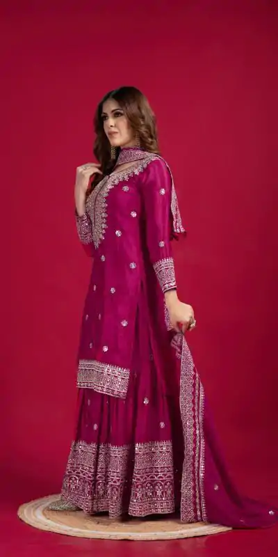 NSR-800 Pink Color Chinnon Silk With Embroidery Work Sharara Suit Wedding, Party, Festive, Events Etc.  Expected Delivery 4-6 Working Days @2149/- | Casual Suits, Jump Suits, Salwar suit, Creative suits, Designer Suits, Palazzo Suits, Party Wear Suits, Patiala Suits, Straight Suits