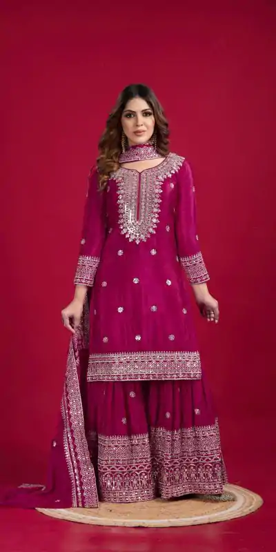 NSR-800 Pink Color Chinnon Silk With Embroidery Work Sharara Suit Wedding, Party, Festive, Events Etc. Expected Delivery 4-6 Working Days @2149/- | Casual Suits, Jump Suits, Salwar suit, Creative suits, Designer Suits, Palazzo Suits, Party Wear Suits, Patiala Suits, Straight Suits