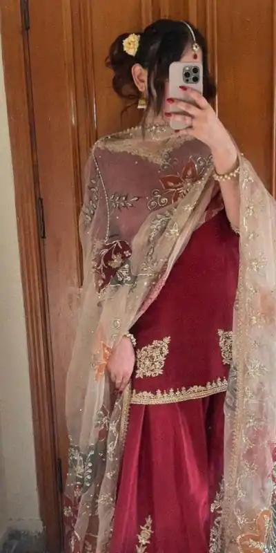 LG 1872 Red Color Chinnon Silk With Embroidery Work Sharara Suit Wedding, Party, Festive, Events Etc.  Expected Delivery 4-6 Working Days @2049/- | Casual Suits, Jump Suits, Salwar suit, Creative suits, Designer Suits, Palazzo Suits, Party Wear Suits, Patiala Suits, Straight Suits