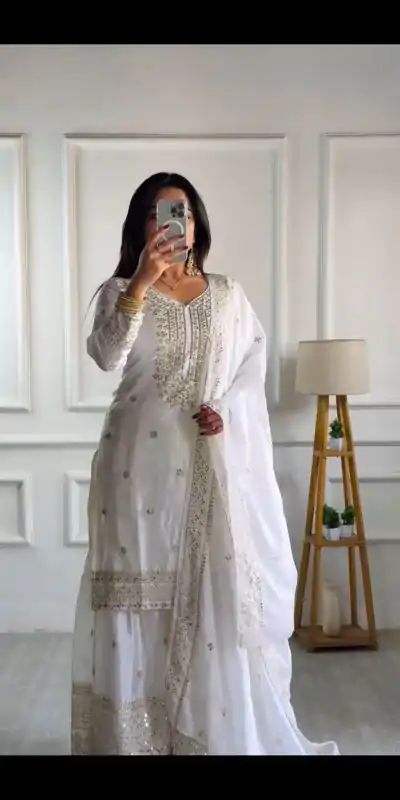 NSR-800 White Color Chinnon Silk With Embroidery Work Sharara Suit Wedding, Party, Festive, Events Etc. Expected Delivery 4-6 Working Days @2149/- | Casual Suits, Jump Suits, Salwar suit, Creative suits, Designer Suits, Palazzo Suits, Party Wear Suits, Patiala Suits, Straight Suits