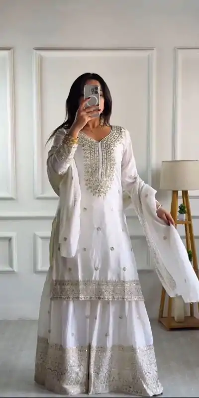 NSR-800 White Color Chinnon Silk With Embroidery Work Sharara Suit Wedding, Party, Festive, Events Etc.  Expected Delivery 4-6 Working Days @2149/- | Casual Suits, Jump Suits, Salwar suit, Creative suits, Designer Suits, Palazzo Suits, Party Wear Suits, Patiala Suits, Straight Suits