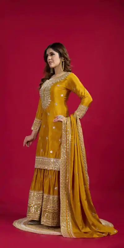 NSR-800 Yellow Color Chinnon Silk With Embroidery Work Sharara Suit Wedding, Party, Festive, Events Etc.  Expected Delivery 4-6 Working Days @2149/- | Casual Suits, Jump Suits, Salwar suit, Creative suits, Designer Suits, Palazzo Suits, Party Wear Suits, Patiala Suits, Straight Suits