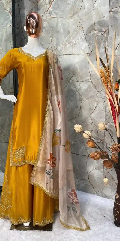 LG 1872 Yellow Color Chinnon Silk With Embroidery Work Sharara Suit Wedding, Party, Festive, Events Etc.  Expected Delivery 4-6 Working Days @2049/- | Casual Suits, Jump Suits, Salwar suit, Creative suits, Designer Suits, Palazzo Suits, Party Wear Suits, Patiala Suits, Straight Suits