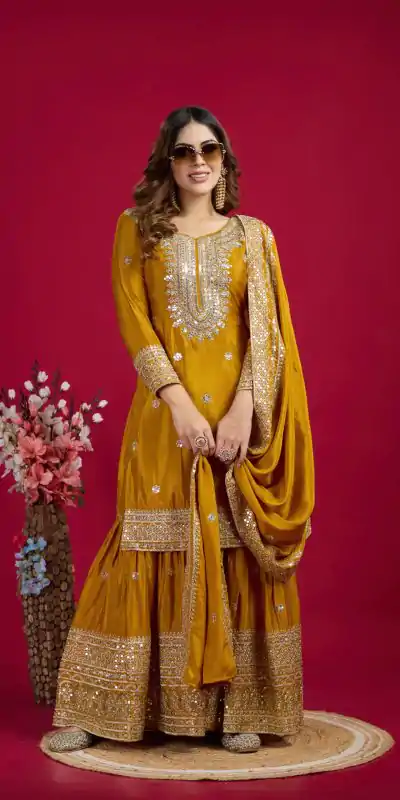 NSR-800 Yellow Color Chinnon Silk With Embroidery Work Sharara Suit Wedding, Party, Festive, Events Etc.  Expected Delivery 4-6 Working Days @2149/- | Casual Suits, Jump Suits, Salwar suit, Creative suits, Designer Suits, Palazzo Suits, Party Wear Suits, Patiala Suits, Straight Suits