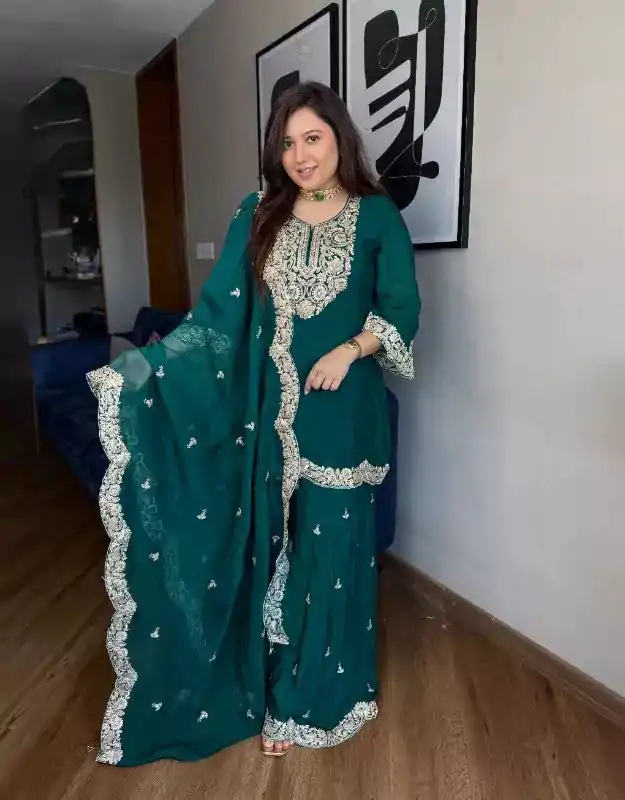 SRK 5231 Dark green Color Chinnon Silk With Embroidery Sequence Work Salwar Suit Casual, Wedding, Party, Festive, Events Etc.4-6 Working Days@ 2099/-only | Casual Suits, Jump Suits, Salwar suit, Creative suits, Designer Suits, Palazzo Suits, Party Wear Suits, Patiala Suits, Straight Suits