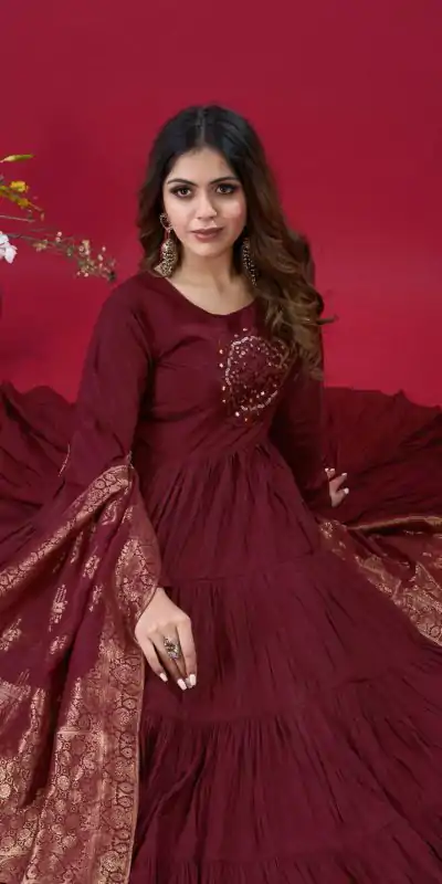 ZSR 3107 Maroon Color Roman Silk With Embroidery Sequence Work Anarkali Gown Wedding Party, Festive, Events Etc.4-6 Working Days@1999/- only | Gowns, Bollywood Gowns, Creative Gowns, Designer Gowns, Embroidered Gowns, Party Wear Gowns, Straight Suits