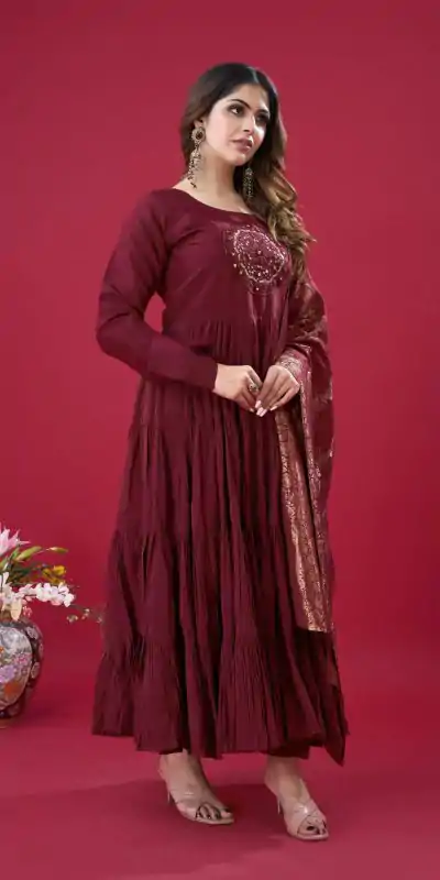 ZSR 3107 Maroon Color Roman Silk With Embroidery Sequence Work Anarkali Gown Wedding Party, Festive, Events Etc.4-6 Working Days@1999/- only | Gowns, Bollywood Gowns, Creative Gowns, Designer Gowns, Embroidered Gowns, Party Wear Gowns, Straight Suits