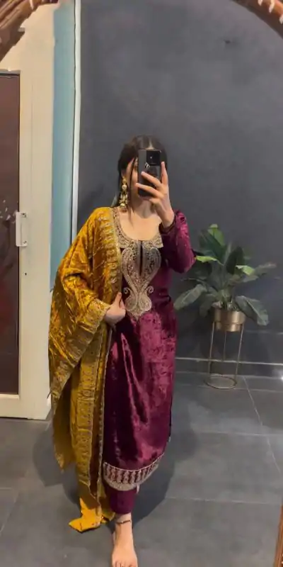 ZSR 3095 Marron Color Velvet With Heavy Embroidery Sequence Salwar Suit Casual, Wedding, Party, Festive, Events Etc.4-6 Working Days@ 1999/-only  | Casual Suits, Jump Suits, Salwar suit, Creative suits, Designer Suits, Palazzo Suits, Party Wear Suits, Patiala Suits, Straight Suits
