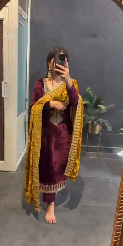 ZSR 3095 Marron Color Velvet With Heavy Embroidery Sequence Salwar Suit Casual, Wedding, Party, Festive, Events Etc.4-6 Working Days@ 1999/-only  | Casual Suits, Jump Suits, Salwar suit, Creative suits, Designer Suits, Palazzo Suits, Party Wear Suits, Patiala Suits, Straight Suits