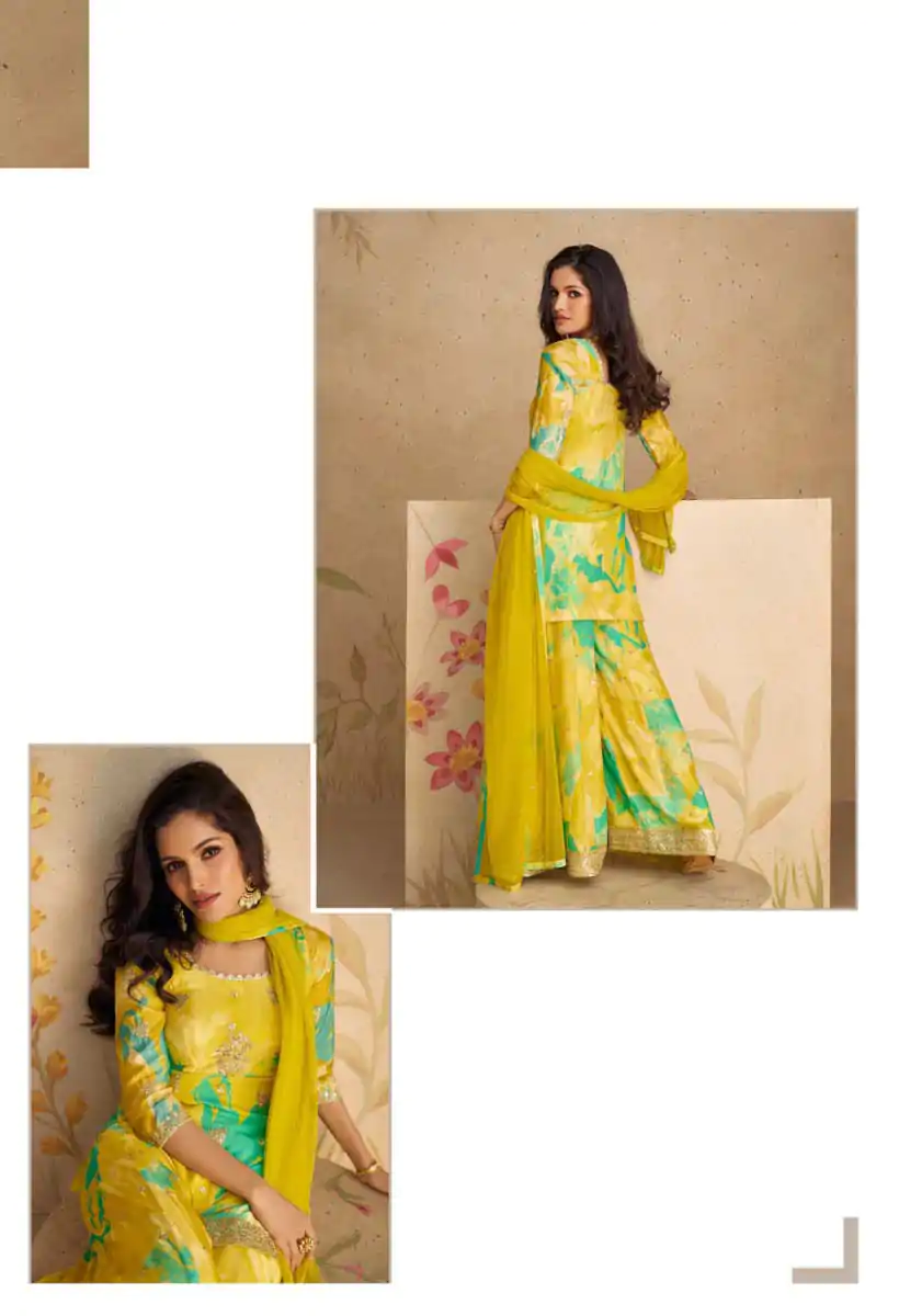 FC 5541 Mustad Yellow Color chinon Print Silk with Dall Crepe Sharara Suit Wedding, Party, Festive, Events Etc.  Expected Delivery 4-6 Working Days @2099/- | Casual Suits, Jump Suits, Salwar suit, Creative suits, Designer Suits, Palazzo Suits, Party Wear Suits, Patiala Suits, Straight Suits