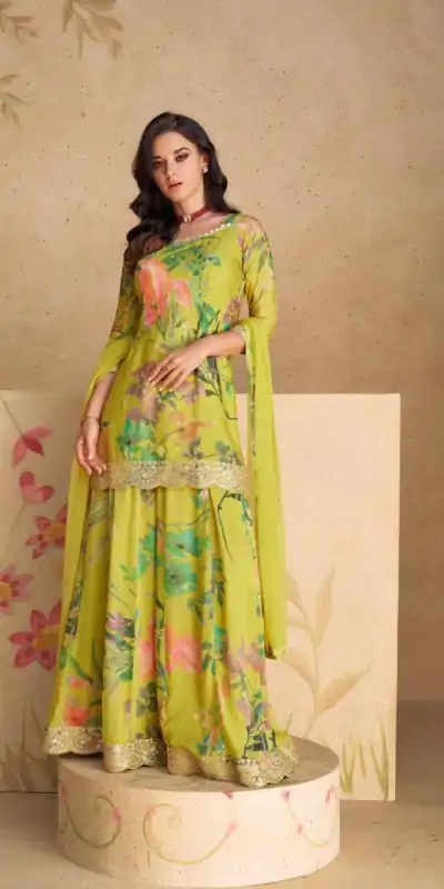 FC 5538 Perrot Green Color chinon Print Silk with Dall US Crepe Sharara Suit Wedding, Party, Festive, Events Etc.  Expected Delivery 4-6 Working Days @2099/- | Casual Suits, Jump Suits, Salwar suit, Creative suits, Designer Suits, Palazzo Suits, Party Wear Suits, Patiala Suits, Straight Suits