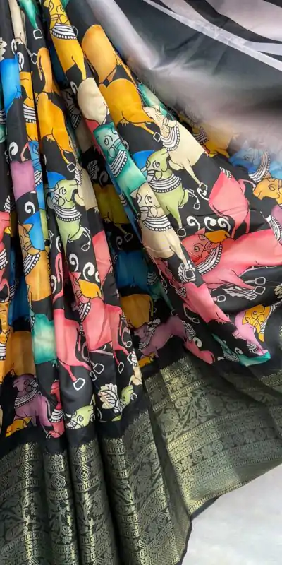 MS Kalamkari Black Color Jacquard Dola Silk With Kalamkari Print Saree Casual, Wedding, Festive, Events . Expected Delivery  4-6 Working Days @1549/- only | Designer Sarees, Embroidered Sarees, Sarees, Bollywood Sarees, Creative Sarees, Ethnic Saree, Modern Digital sarees, Party Wear Sarees