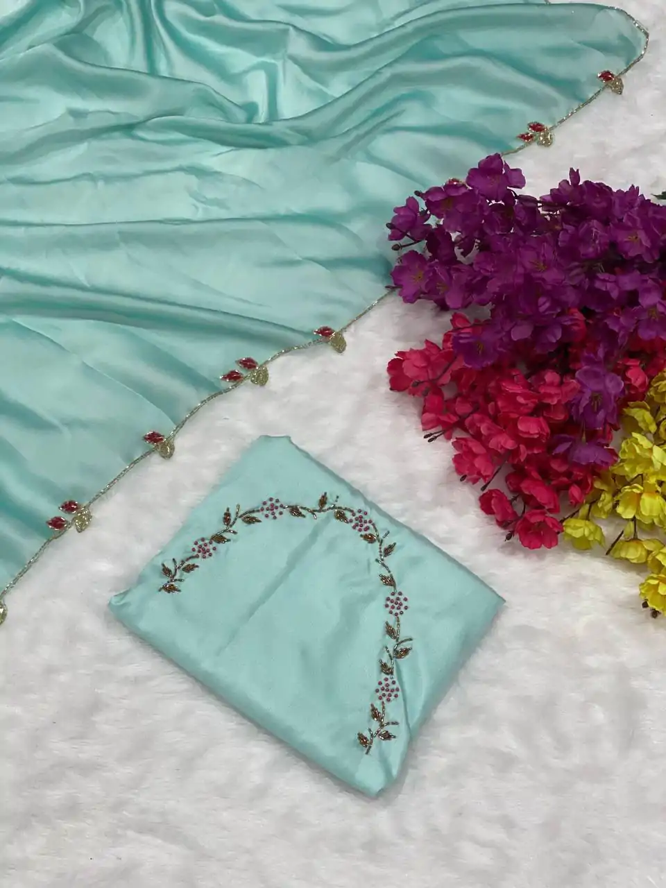 AC Lady Sky Blue Color Rangoli Silk Handwork And Cutwork With Pearl Saree Casual, Wedding, Festive, Events . Expected Delivery  4-6 Working Days @1899/- only                                                                                                                                             | Designer Sarees, Embroidered Sarees, Sarees, Bollywood Sarees, Creative Sarees, Ethnic Saree, Modern Digital sarees, Party Wear Sarees