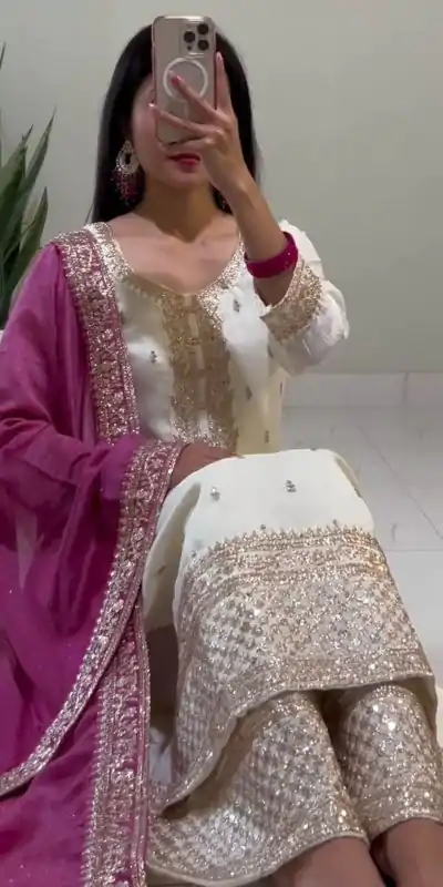 SRK 5140 White Color Chinnon Silk With Heavy Embroidery Sequence Work Salwar Suit Casual, Wedding, Party, Festive, Events Etc.4-6 Working Days@ 1899/-only | Casual Suits, Jump Suits, Salwar suit, Creative suits, Designer Suits, Palazzo Suits, Party Wear Suits, Patiala Suits, Straight Suits