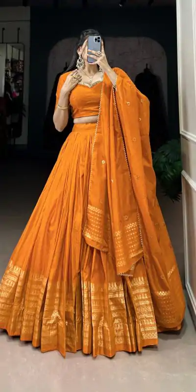 LNB 1906 Orange Color Pure Chanderi Plain With Zari Weaving Work Border Lehenga Choli Wedding, Party, Festive, Events Etc. Delivery 4-6 Working Days Rs 1999 | Lehenga, Bollywood Lehenga, Creative Lehenga, Designer Lehenga, Embroidered Lehenga, Party Wear Lehenga