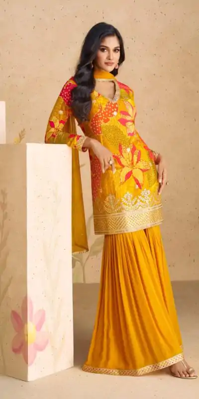 FC 5540 Yellow Color chinon Print Silk with Dall US Crepe Sharara Suit Wedding, Party, Festive, Events Etc.  Expected Delivery 4-6 Working Days @2099/- | Casual Suits, Jump Suits, Salwar suit, Creative suits, Designer Suits, Palazzo Suits, Party Wear Suits, Patiala Suits, Straight Suits