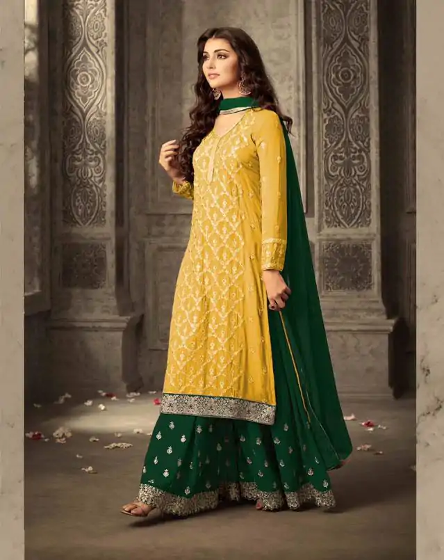 FC 47001 Yellow Color Georgette With Embroidery work With Stone Suit Casual, Wedding, Party, Festive, Events Etc.4-6 Working Days@ 1849/-only | Casual Suits, Jump Suits, Salwar suit, Creative suits, Designer Suits, Palazzo Suits, Party Wear Suits, Patiala Suits, Straight Suits