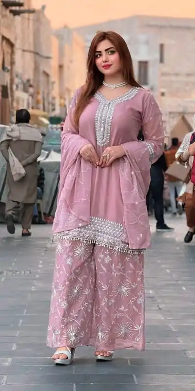 NSR 836 Light Pink Color Faux Georgette With Embroidery Sharara Suit Wedding, Party, Festive, Events Etc.  Expected Delivery 4-6 Working Days @2049/- | Casual Suits, Jump Suits, Salwar suit, Creative suits, Designer Suits, Palazzo Suits, Party Wear Suits, Patiala Suits, Straight Suits