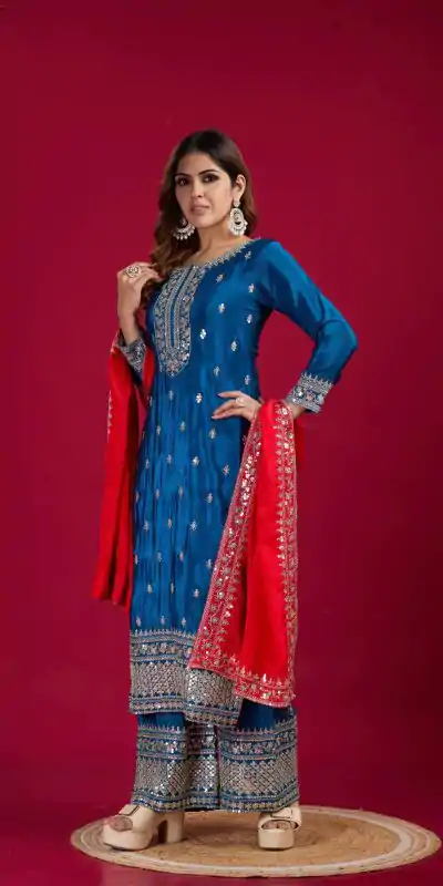 SRK 5231 Blue Color Pure Chinnon Silk With Embroidery Sequence Work Salwar Suit Casual, Wedding, Party, Festive, Events Etc.4-6 Working Days@ 1899/-only | Casual Suits, Jump Suits, Salwar suit, Creative suits, Designer Suits, Palazzo Suits, Party Wear Suits, Patiala Suits, Straight Suits