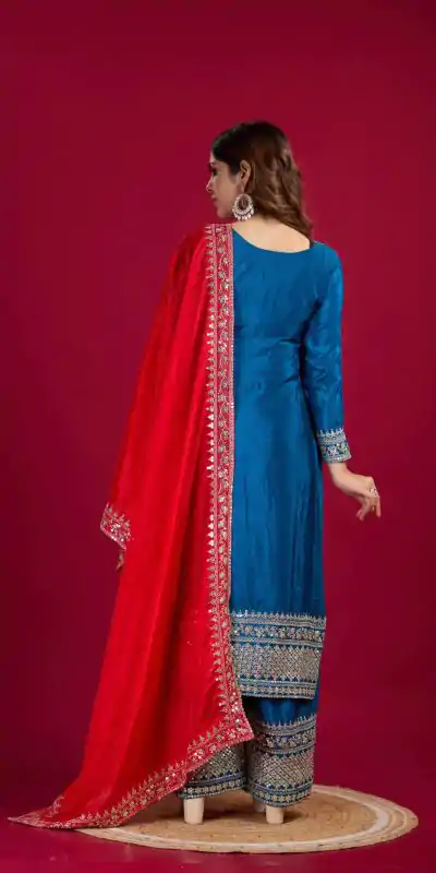 SRK 5231 Blue Color Pure Chinnon Silk With Embroidery Sequence Work Salwar Suit Casual, Wedding, Party, Festive, Events Etc.4-6 Working Days@ 1899/-only | Casual Suits, Jump Suits, Salwar suit, Creative suits, Designer Suits, Palazzo Suits, Party Wear Suits, Patiala Suits, Straight Suits