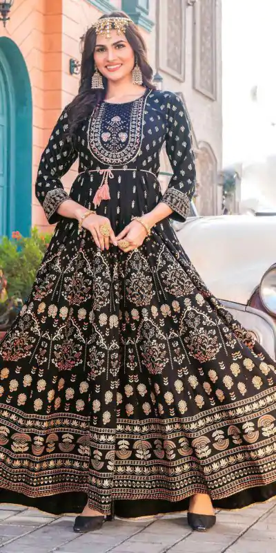  INLI Glam NX Black Color Rayon Print Embroidery Work Long Anarkali Gown Wedding Party, Festive, Events Etc.4-6 Working Days@1699/- only | Gowns, Bollywood Gowns, Creative Gowns, Designer Gowns, Embroidered Gowns, Party Wear Gowns, Straight Suits