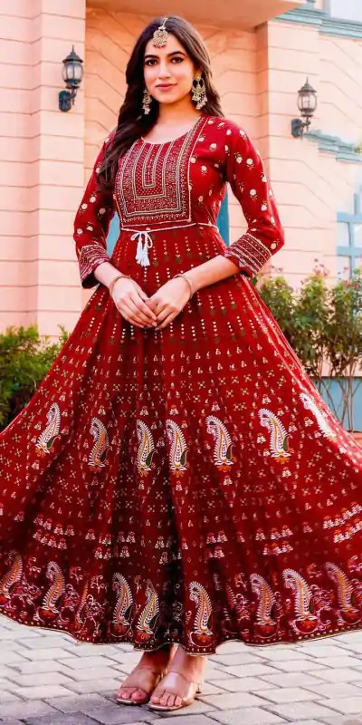  INLI Glam NX Red Color Rayon Print Embroidery Work Long Anarkali Gown Wedding Party, Festive, Events Etc.4-6 Working Days@1699/- only | Gowns, Bollywood Gowns, Creative Gowns, Designer Gowns, Embroidered Gowns, Party Wear Gowns, Straight Suits