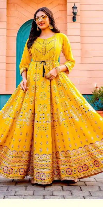 INLI Glam NX Yellow Color Rayon Print Embroidery Work Long Anarkali Gown Wedding Party, Festive, Events Etc.4-6 Working Days@1699/- only | Gowns, Bollywood Gowns, Creative Gowns, Designer Gowns, Embroidered Gowns, Party Wear Gowns, Straight Suits