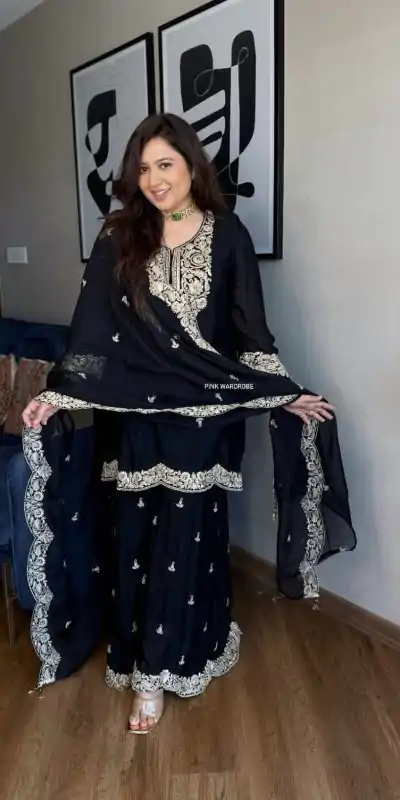 SRK 5231 Black Color Pure Chinnon Silk With Embroidery Coding Dori-Sequence Salwar Suit , Wedding, Party, Festive, Events Etc.4-6 Working Days@ 2099/-only | Casual Suits, Jump Suits, Salwar suit, Creative suits, Designer Suits, Palazzo Suits, Party Wear Suits, Patiala Suits, Straight Suits