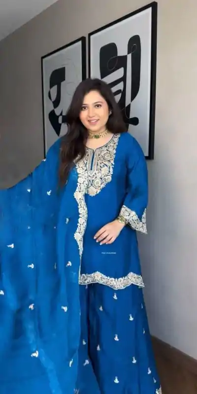 SRK 5231 Blue Color Pure Chinnon Silk With Embroidery Coding Dori-Sequence Salwar Suit , Wedding, Party, Festive, Events Etc.4-6 Working Days@ 2099/-only | Casual Suits, Jump Suits, Salwar suit, Creative suits, Designer Suits, Palazzo Suits, Party Wear Suits, Patiala Suits, Straight Suits
