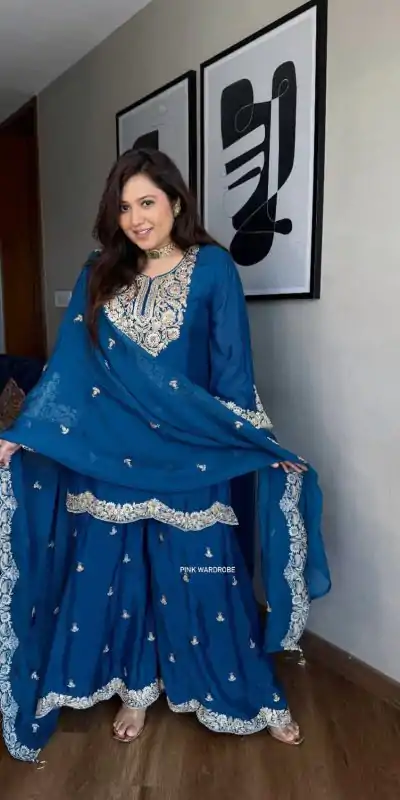 SRK 5231 Blue Color Pure Chinnon Silk With Embroidery Coding Dori-Sequence Salwar Suit , Wedding, Party, Festive, Events Etc.4-6 Working Days@ 2099/-only | Casual Suits, Jump Suits, Salwar suit, Creative suits, Designer Suits, Palazzo Suits, Party Wear Suits, Patiala Suits, Straight Suits