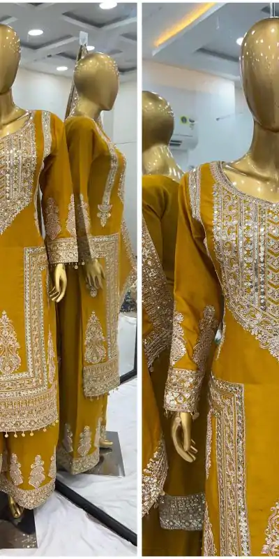 SRK 5237 Yellow Color Chinnon Silk With Embroidery Coding Dori-Sequence Work Salwar Suit , Wedding, Party, Festive, Events Etc.4-6 Working Days@ 2399/- | Casual Suits, Jump Suits, Salwar suit, Creative suits, Designer Suits, Palazzo Suits, Party Wear Suits, Patiala Suits, Straight Suits