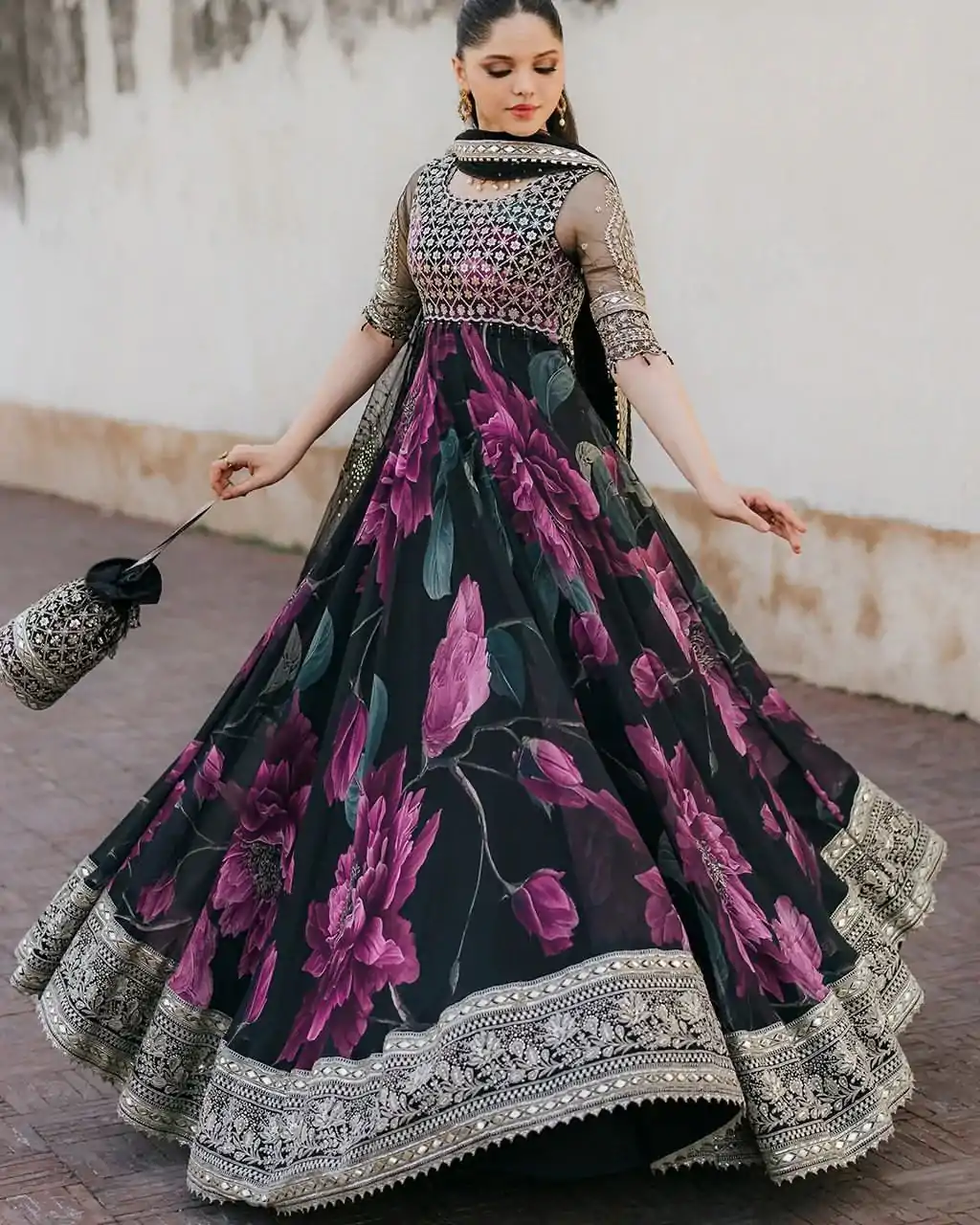RTC 5772 Black Color Foix Georgette with digital print Anarkali Gown Casual, Wedding, Party, Festive, Events. Expected Delivery 4-6 Working Days @2399/-Only | Gowns, Bollywood Gowns, Creative Gowns, Designer Gowns, Embroidered Gowns, Party Wear Gowns