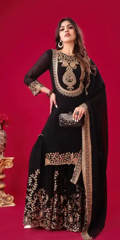 SRK-5242 Black Faux Georgette Embroidery Sequence Work Salwar Suit  Casual, Wedding, Party, Festive, Events Etc.4-6 Working Days@ 2099/-only | Casual Suits, Jump Suits, Salwar suit, Creative suits, Designer Suits, Palazzo Suits, Party Wear Suits, Patiala Suits, Straight Suits