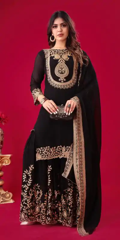 SRK-5242 Black Faux Georgette With Embroidery Sequence Thread Work Salwar Suit  Casual, Wedding, Party, Festive, Events Etc.4-6 Working Days@ 2099/-only | Casual Suits, Jump Suits, Salwar suit, Creative suits, Designer Suits, Palazzo Suits, Party Wear Suits, Patiala Suits, Straight Suits