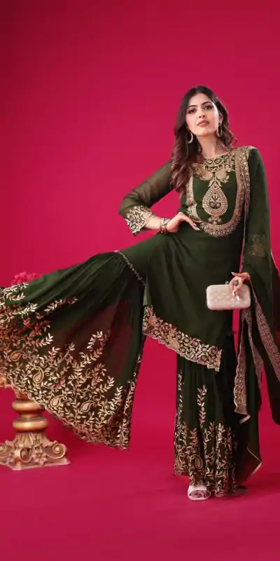 SRK-5242 Bottle Green Faux Georgette Embroidery Sequence Work Salwar Suit , Wedding, Party, Festive, Events Etc.4-6 Working Days@ 2099/-only | Casual Suits, Jump Suits, Salwar suit, Creative suits, Designer Suits, Palazzo Suits, Party Wear Suits, Patiala Suits, Straight Suits
