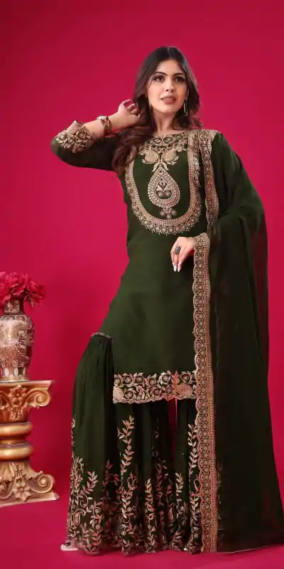 SRK-5242 Bottle Green Faux Georgette Embroidery Sequence Work Salwar Suit , Wedding, Party, Festive, Events Etc.4-6 Working Days@ 2099/-only | Casual Suits, Jump Suits, Salwar suit, Creative suits, Designer Suits, Palazzo Suits, Party Wear Suits, Patiala Suits, Straight Suits