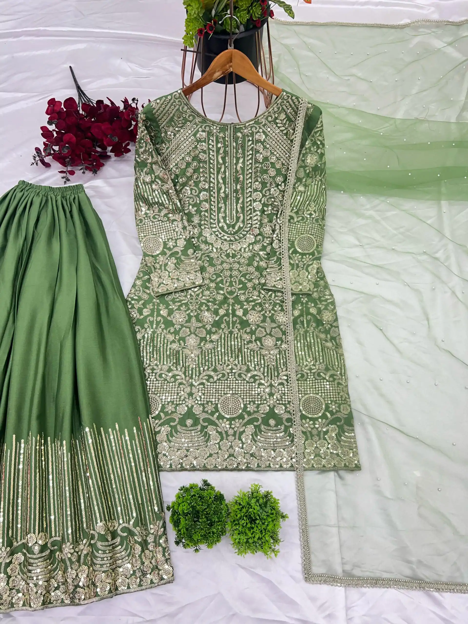 ZSR 3103 Green Chinnon Silk 5mm Embroidery Sequence With Moti Work Salwar Suit Casual, Wedding, Party, Festive, Events Etc.4-6 Working Days@ 2099/-only | Casual Suits, Jump Suits, Salwar suit, Creative suits, Designer Suits, Palazzo Suits, Party Wear Suits, Patiala Suits, Straight Suits