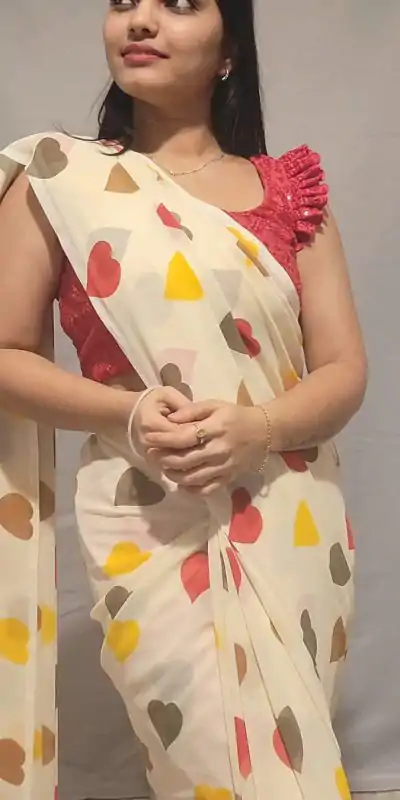 SC 215 Half White Color Soft Georgette Silk Digital Print Heart Design Ready To Wear Saree Wedding, Festive, Events .Expected Delivery 4-6 Working Days@1499 | Designer Sarees, Embroidered Sarees, Sarees, Bollywood Sarees, Creative Sarees, Ethnic Saree, Modern Digital sarees, Party Wear Sarees