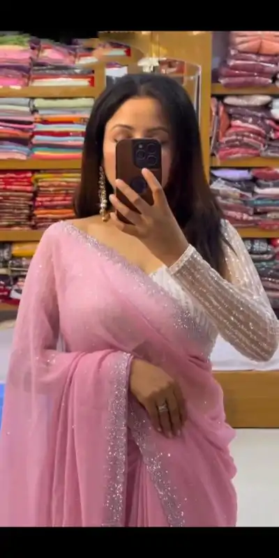 SC 218 Light Pink Color Georgette Hot Fix Stone Work Saree Casual, Wedding, Festive, Events . Expected Delivery  4-6 Working Days @1449/- only                                                                                                                                             | Designer Sarees, Embroidered Sarees, Sarees, Bollywood Sarees, Creative Sarees, Ethnic Saree, Modern Digital sarees, Party Wear Sarees