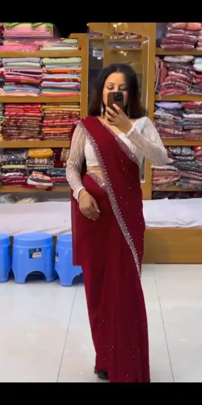SC 218 Marron Color Georgette Hot Fix Stone Work Saree Casual, Wedding, Festive, Events . Expected Delivery  4-6 Working Days @1449/- only                                                                                                                                             | Designer Sarees, Embroidered Sarees, Sarees, Bollywood Sarees, Creative Sarees, Ethnic Saree, Modern Digital sarees, Party Wear Sarees